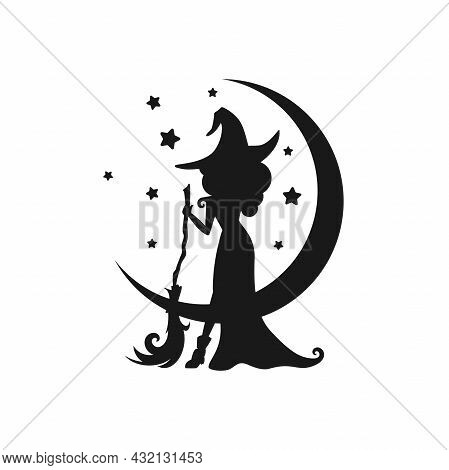 Black Witch With Broom And Crescent In The Night Sky. Half Moon And Stars And Hag In Hat. Magic, Fan