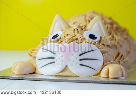 Cake Cat,madeira Sponge, Layered And Coated With Caramel Flavour Frosting, Finished With Edible Suga