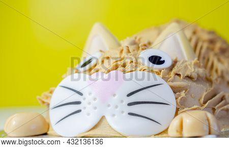 Cake Cat,madeira Sponge, Layered And Coated With Caramel Flavour Frosting, Finished With Edible Suga