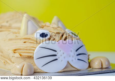 Cake Cat,madeira Sponge, Layered And Coated With Caramel Flavour Frosting, Finished With Edible Suga