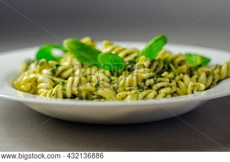 Pesto And Pine Nut Pasta Salad, Fusilli Pasta With Regato Cheese And Baby Spinach Coated In Basil Pe