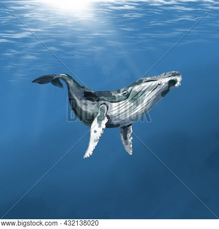 White Whale, Whale Finwal Against The Background Of The Ocean. Watercolor Illustration