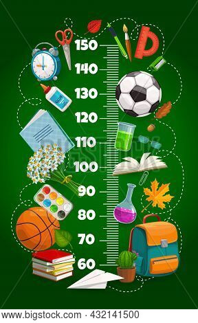 Kids Height Chart Ruler, Growth Meter With Schoolbag, Book, Sport Balls And Education Stationery. Ve