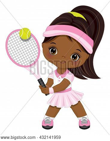 Cute Little African American Girl Wearing Pink And White Sport Outfit Playing Tennis. Little Black G
