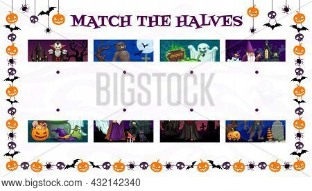 Find Two Halves Vector Halloween Kids Maze Game. Educational Matching Game, Logic Puzzle Or Riddle, 