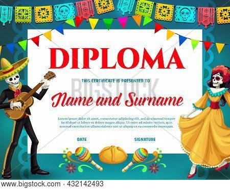 Dia De Los Muertos Holiday Diploma. Mexican Day Of Dead Celebration Diploma Or Certificate Template 