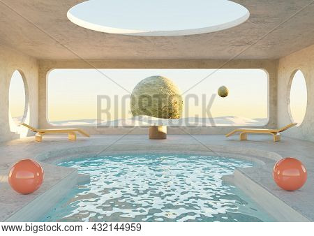Minimalist Concrete Room With Swimming Pool On Desert Planet. Futuristic Architecture. 3d Rendering