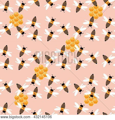 Summer Flat Cartoon Seamless Pattern With Honecomb, Honey Hive  And Bees. Creative  Kids Texture For