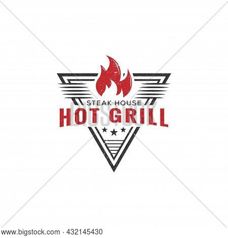 Hot Grill Barbecue Logo Design Vector, Steak House Restaurant Sign Symbol With Vintage Rustic Style