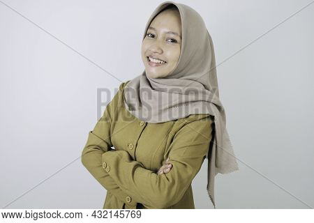 Happy Government Worker Women Standing Confidance. Pns Wearing Khaki Uniform.