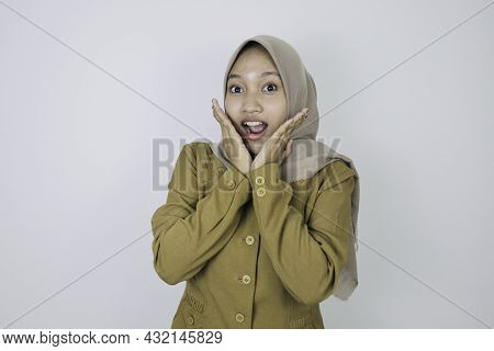 Shock Government Worker Women Looking Into Camera. Pns Wearing Khaki Uniform.