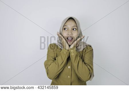 Shock Government Worker Women Looking Into Camera. Pns Wearing Khaki Uniform.