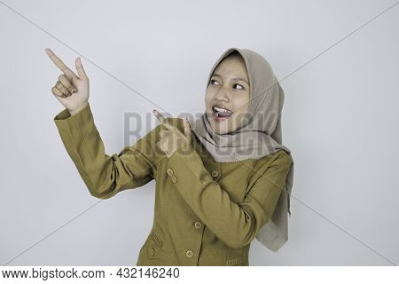 Smile Government Worker Women Pointing Beside. Pns Wearing Khaki Uniform.