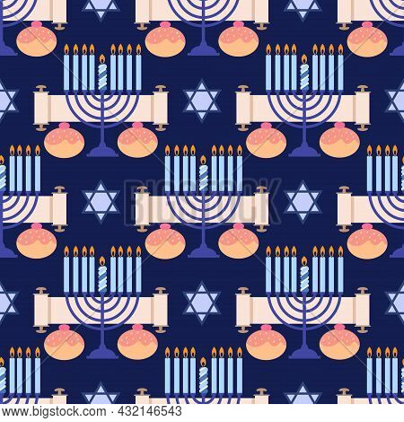 Happy Hanukkah. Jewish Holiday Hanukkah  Seamless Pattern  With  Candelabrum Hanukiya,  Wreath, Cand