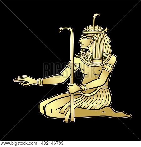 Animation Color Portrait Sitting Egyptian God Hapi. God Of Fertility, Of Water, Of  Nile River. Vect