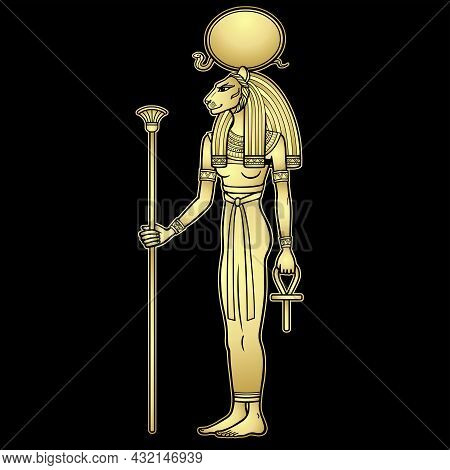 Animation Portrait Ancient Egyptian Goddess Sehmet (tefnut) Holds Symbols Of Power: Staff And Cross.
