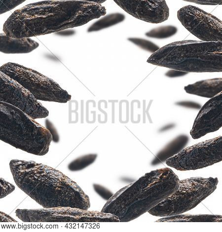 Roasted Rye Malt Grains Levitate On A White Background