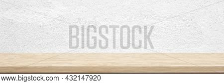 Wood Table And White Wall Background In Kitchen, Wooden Shelf, Counter For Food And Product Display 