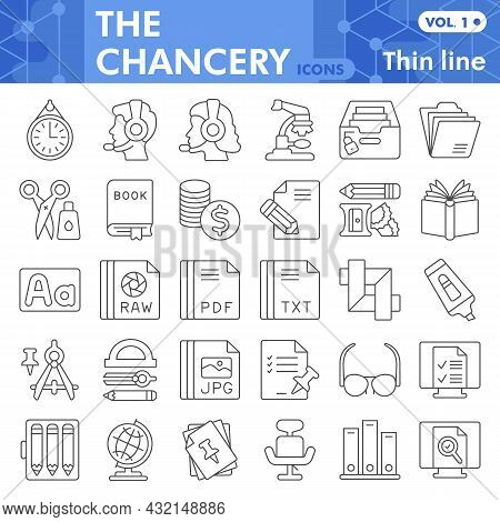 Chancery Line Icon Set, Stationery And Documents Symbols Collection Or Sketches. Office Supplies Thi