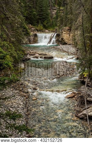 Beautiful Gorge, Beautiful Colors. Waterfall At The Johnston Canyon In Banff. Johnston Canyon, Alber