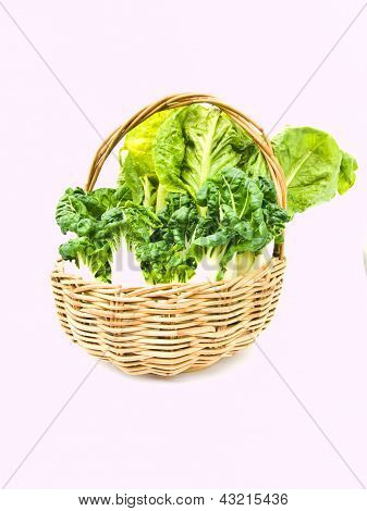 Fresh Baby Bok Choy e Cos insalata nel cestino Ratten Isolated On White Background