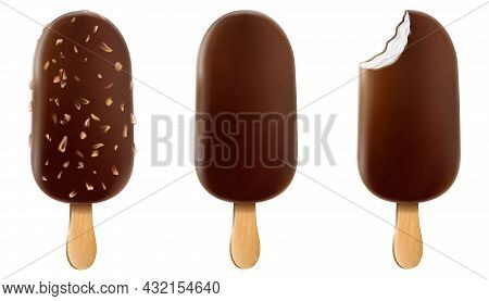 Ice Cream With Chocolate Glaze And Nuts On A Stick. Brown Whole And Bitten Chocolate Ice Cream Popsi