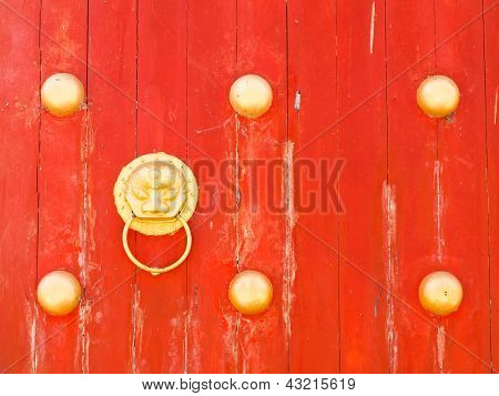 Dragon Doorknob On Red Wooden Gate On Mae Salong Hill, Chiang Rai, Thailand