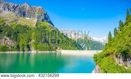 Beautiful Alpine Walley With Azure Blue Water Of Speicher Zillergrundl Dam, Zillertal Alps, Austria