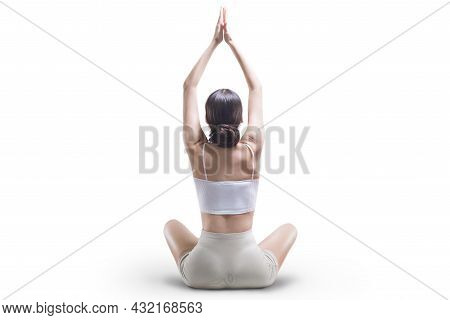 Sporty Young Woman Doing Yoga Practice. Back View. Isolated On A White Background