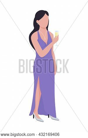 Pretty Woman Drinking Wine Semi Flat Color Vector Character. Full Body Person On White. Lady In Purp