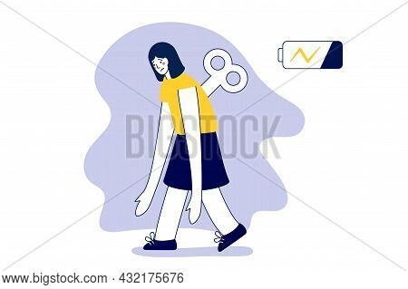 Tired Woman Going Forward With A Discharged Battery In The Thoughts Fatigued Female Is In Emotional 