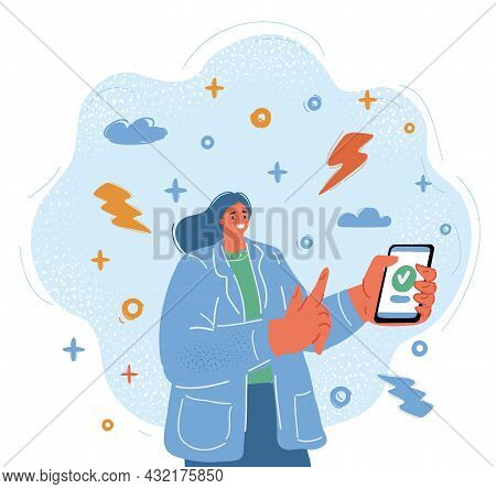Vector Illustration Of Woman Doing Smth On Her Smartphone, Use App Or Messanger Or Online Shopping C