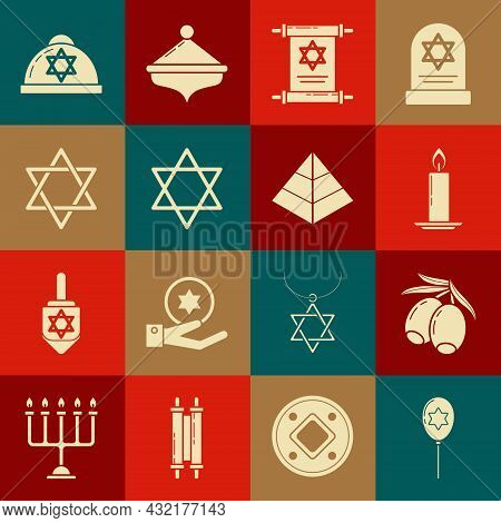 Set Balloons With Ribbon With Star Of David, Olives Branch, Burning Candle In Candlestick, Torah Scr