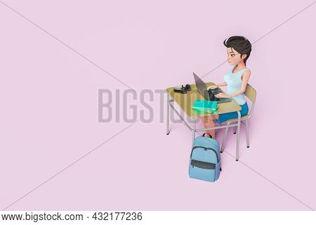 Cartoon Character Of Pretty Girl With Big Eyes Studying At A Desk With A Laptop, Backpack And Books.