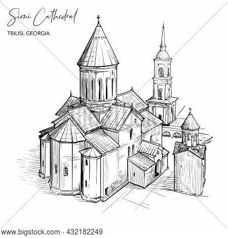 Sioni Cathedral In Tbilisi, Georgia. Black Line Drawing Isolated On White Background.