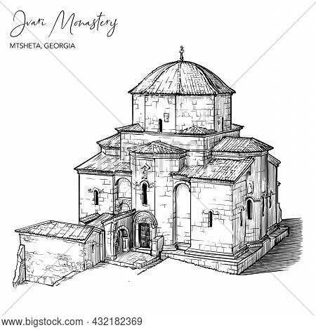 Jvari Monastery Near City Of Mtskheta In Georgia. Black Line Drawing Isolated On White Background.
