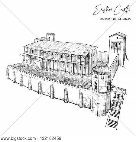 Duke Of Ksani Palace In Akhalgori, Georgia. Black Line Drawing Isolated On White Background.