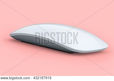 Realistic White Computer Mouse With Touch Isolated On Pink Background. 3d Rendering Of Wireless Lapt