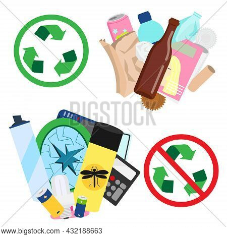 Recyclable And Non Recyclable Waste Sorting. Types Of Trash And Garbage With Recycling Sign.