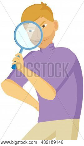 Gesture That Boys See Magnifying Glass. Cunning Guy Holding Loupe, Planned Something Amiss. Young Ma