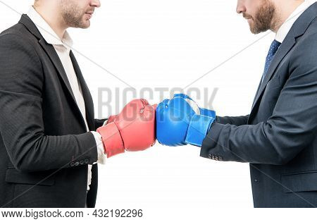 Contact. Fighting Men Cropped View. Businessmen Fight With Boxing Gloves. Fighting Conflict