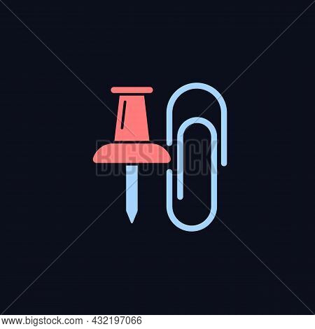 Pins And Paper Clips Rgb Color Icon For Dark Theme. Office Supplies. Binding Paper Sheets Together. 