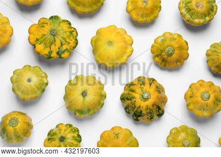 Fresh Ripe Pattypan Squashes On White Background, Top View