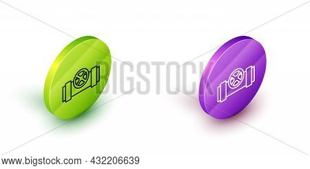Isometric Line Industry Metallic Pipes And Valve Icon Isolated On White Background. Green And Purple