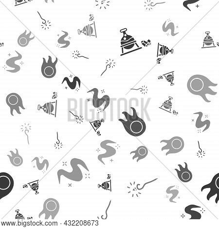 Set Witch Cauldron And Magic Stone, Magic Staff, Fireball And Magic Fog Or Smoke On Seamless Pattern