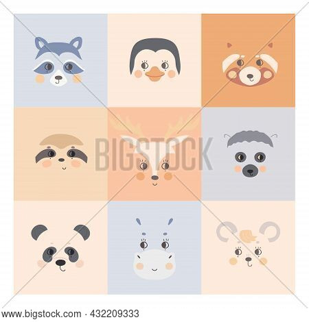 Cute Simple Animal Faces On Colorful Backgrounds. Portrait Of A Cartoon Funny Red Panda, Sloth, Hipp