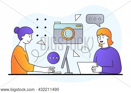 Marketing Strategy Concept. Online Trading, Investment, Automation Technology. Women At Computer Dev