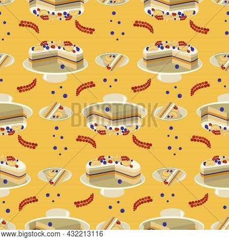 Seamless Pattern Fruit Pie Stuffed With Apricot, Red Currant And Blueberry. Design For Fabric, Texti