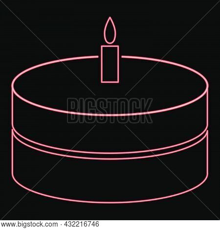 Neon Cake With Candle Red Color Vector Illustration Flat Style Light Image