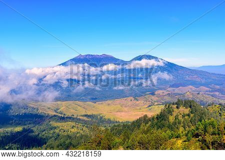 Landscape View Of Mount Raung Seen From Of Mount Ijen, Banyuwangi, East Java, Indonesia. The Beautif